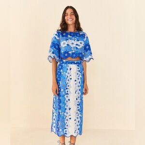 Farm Rio Blue Flower Stripes Midi Skirt Size S NWT